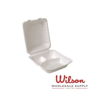 8x8x3” Compostable Sugarcane Clamshell - 3 Compartment